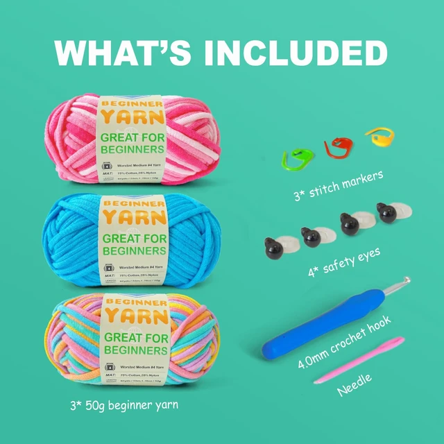 Alt view image 7 of 7 - Easy Yarn for Beginner - Crocheting and Knitting Yarn |3 * 1.76oz/60yds; Easy-to-See Stitches; Worsted-Weight Medium #4; Cotton Blend; Amigurumi Crochet Kit(Petal+Blue+Merry Pink)