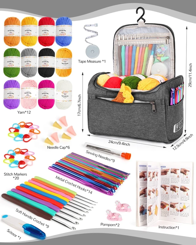 Alt view image 3 of 7 - Crochet Kit for Beginners Adults Kids, Complete Crochet Kits, Gray | Crochet Kit for Beginners Young and Old, All-inclusive Kit with Crochet Hooks 655 Yards Yarn Instruction Knit Bag, Ideal Gift