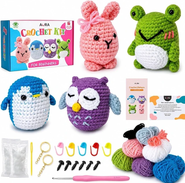 Main image of Learn to Crochet Kit for Beginners Kids and Adults, Premium 4 Animal Pattern Beginner Crochet Kits with Easy Tube Yarn & Step-by-Step Video Tutorials (Forest FriendsStandard Size)