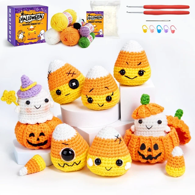 Main image of Halloween Crochet Kit for Beginners, Crochet Starter Knitting Kits for DIY Amigurumi Knitting Hooks Yarn Set with Step-by-Step Video Tutorials, Candy Corn, Goblin, Pumpkin (40%+ Yarn)