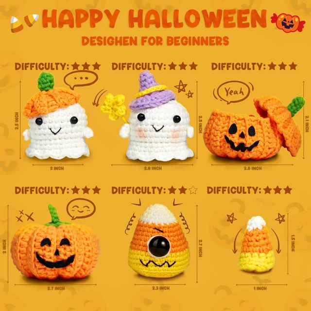 Alt view image 2 of 7 - Halloween Crochet Kit for Beginners, Crochet Starter Knitting Kits for DIY Amigurumi Knitting Hooks Yarn Set with Step-by-Step Video Tutorials, Candy Corn, Goblin, Pumpkin (40%+ Yarn)