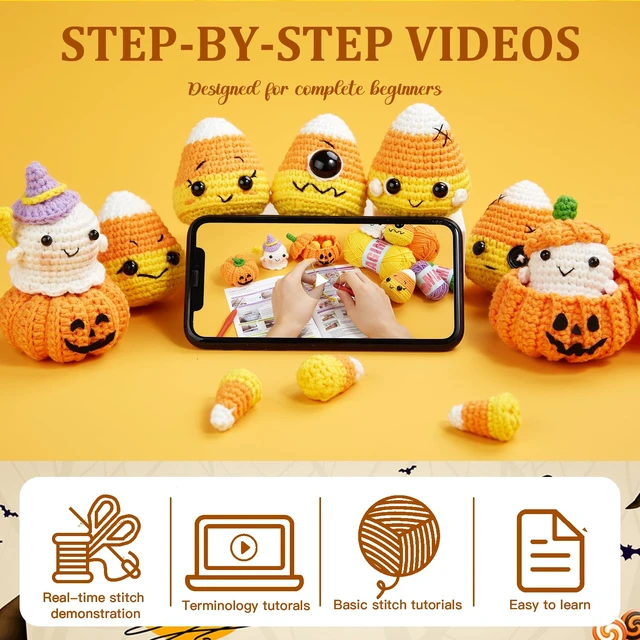 Alt view image 3 of 7 - Halloween Crochet Kit for Beginners, Crochet Starter Knitting Kits for DIY Amigurumi Knitting Hooks Yarn Set with Step-by-Step Video Tutorials, Candy Corn, Goblin, Pumpkin (40%+ Yarn)