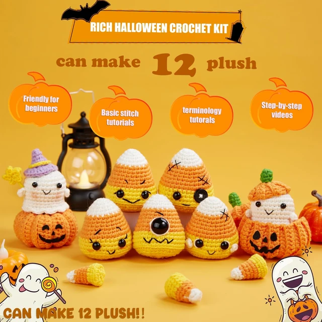 Alt view image 4 of 7 - Halloween Crochet Kit for Beginners, Crochet Starter Knitting Kits for DIY Amigurumi Knitting Hooks Yarn Set with Step-by-Step Video Tutorials, Candy Corn, Goblin, Pumpkin (40%+ Yarn)