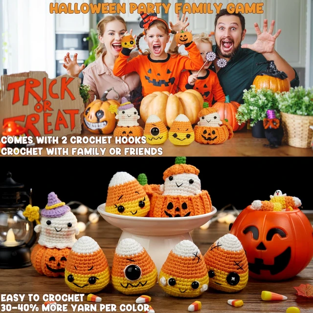Alt view image 6 of 7 - Halloween Crochet Kit for Beginners, Crochet Starter Knitting Kits for DIY Amigurumi Knitting Hooks Yarn Set with Step-by-Step Video Tutorials, Candy Corn, Goblin, Pumpkin (40%+ Yarn)