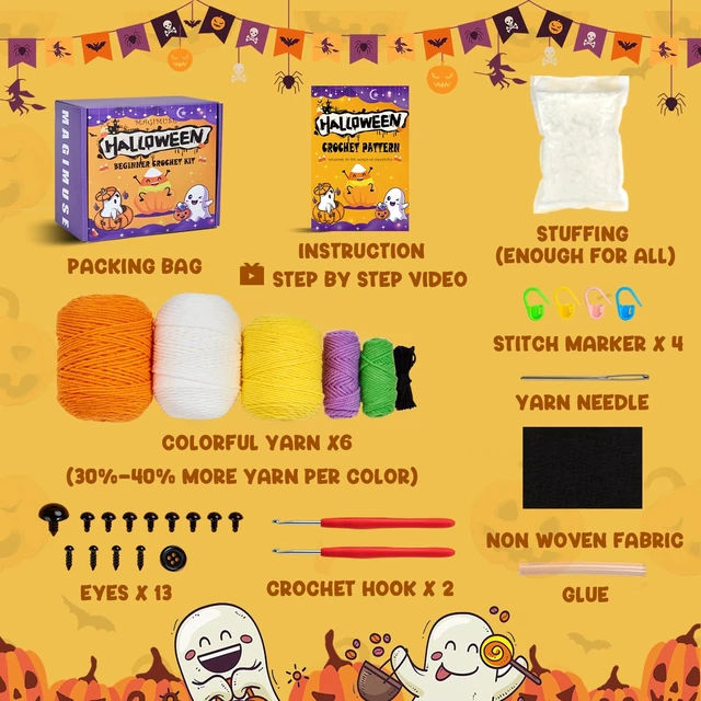 Alt view image 7 of 7 - Halloween Crochet Kit for Beginners, Crochet Starter Knitting Kits for DIY Amigurumi Knitting Hooks Yarn Set with Step-by-Step Video Tutorials, Candy Corn, Goblin, Pumpkin (40%+ Yarn)