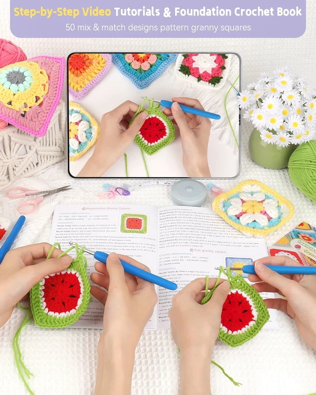 Alt view image 2 of 7 - Crochet Kit for Beginners, 50 Floral Granny Square Kits for Adults | Starter Kit for Crochetor Learn to Crochets w/Video Tuturials, Knitting Kit w/1378yds Yarn for Crocheting Blanket or Shawl