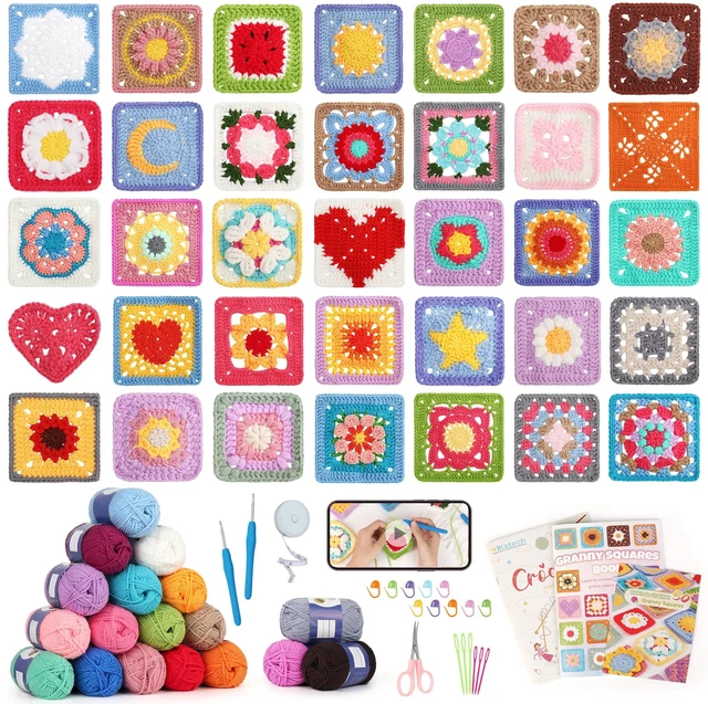 Main image of Crochet Kit for Beginners, 50 Floral Granny Square Kits for Adults | Starter Kit for Crochetor Learn to Crochets w/Video Tuturials, Knitting Kit w/1378yds Yarn for Crocheting Blanket or Shawl