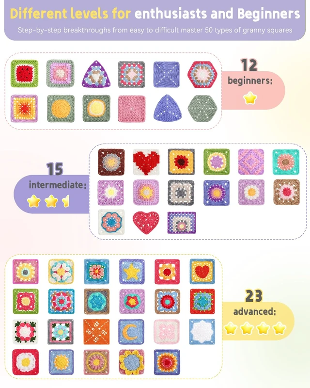 Alt view image 4 of 7 - Crochet Kit for Beginners, 50 Floral Granny Square Kits for Adults | Starter Kit for Crochetor Learn to Crochets w/Video Tuturials, Knitting Kit w/1378yds Yarn for Crocheting Blanket or Shawl