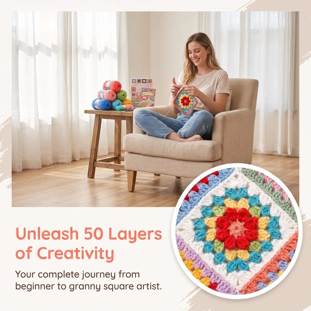 Alt view image 3 of 7 - Crochet Kit for Beginners, 50 Floral Granny Square Kits for Adults | Starter Kit for Crochetor Learn to Crochets w/Video Tuturials, Knitting Kit w/1378yds Yarn for Crocheting Blanket or Shawl