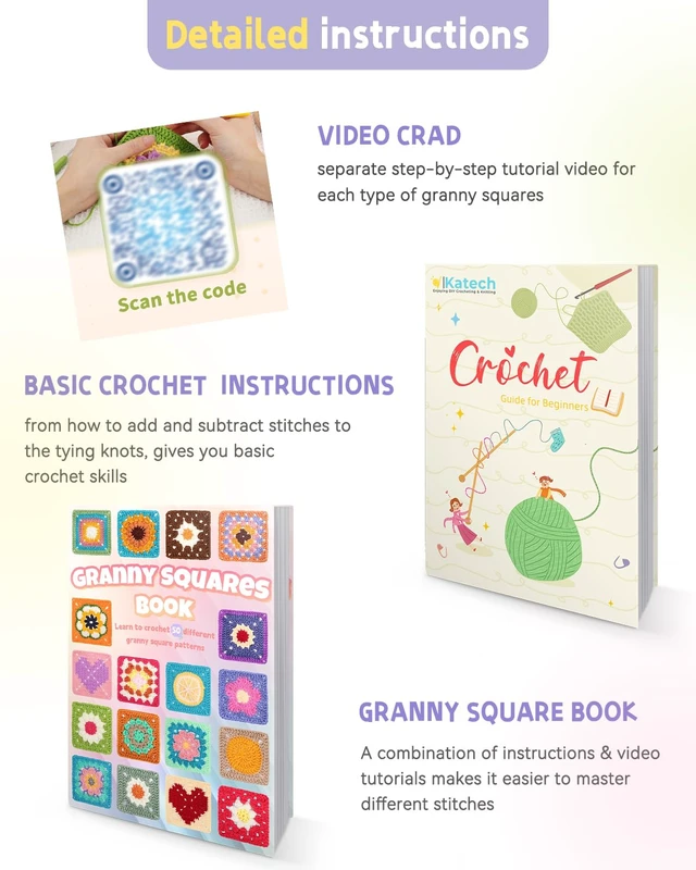 Alt view image 6 of 7 - Crochet Kit for Beginners, 50 Floral Granny Square Kits for Adults | Starter Kit for Crochetor Learn to Crochets w/Video Tuturials, Knitting Kit w/1378yds Yarn for Crocheting Blanket or Shawl