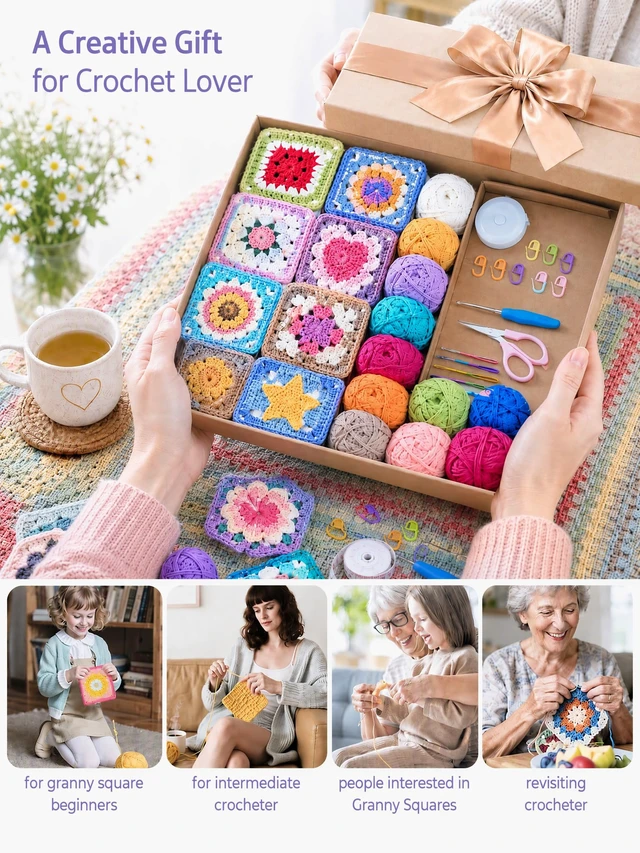 Alt view image 7 of 7 - Crochet Kit for Beginners, 50 Floral Granny Square Kits for Adults | Starter Kit for Crochetor Learn to Crochets w/Video Tuturials, Knitting Kit w/1378yds Yarn for Crocheting Blanket or Shawl