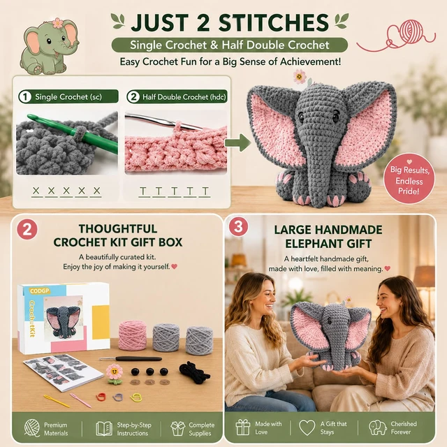 Alt view image 6 of 7 - Crochet Kit for Beginners, 13-Inch Elephant Crochet Kit for Adults | Crochet Starter Kit Gift, Animal Amigurumi Kit, Durable Chenille Yarn, Full Supplies, Step-by-Step Videos, for Crochet Lovers