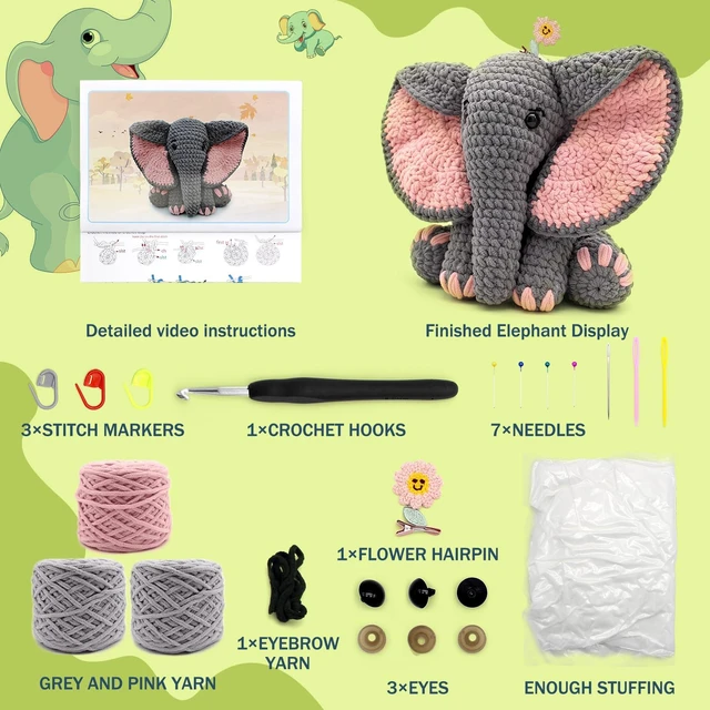 Alt view image 3 of 7 - Crochet Kit for Beginners, 13-Inch Elephant Crochet Kit for Adults | Crochet Starter Kit Gift, Animal Amigurumi Kit, Durable Chenille Yarn, Full Supplies, Step-by-Step Videos, for Crochet Lovers