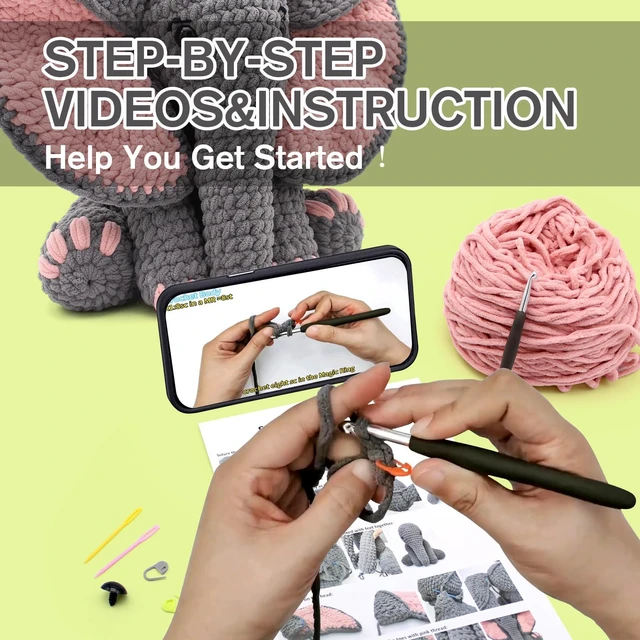 Alt view image 5 of 7 - Crochet Kit for Beginners, 13-Inch Elephant Crochet Kit for Adults | Crochet Starter Kit Gift, Animal Amigurumi Kit, Durable Chenille Yarn, Full Supplies, Step-by-Step Videos, for Crochet Lovers