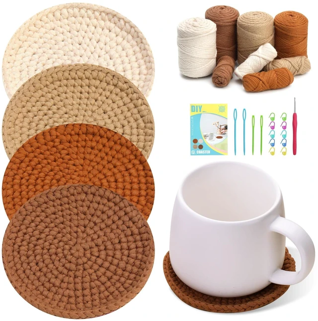 Main image of Crochet Kits, Crochet Kit for Beginners 4 PCS Crochet Coasters Kits | Crochet Kits with Crochet Yarn, Crochet Hook, Step-by-Step Instructions Video, Crochet Supplies Set Craft Kits for Adults