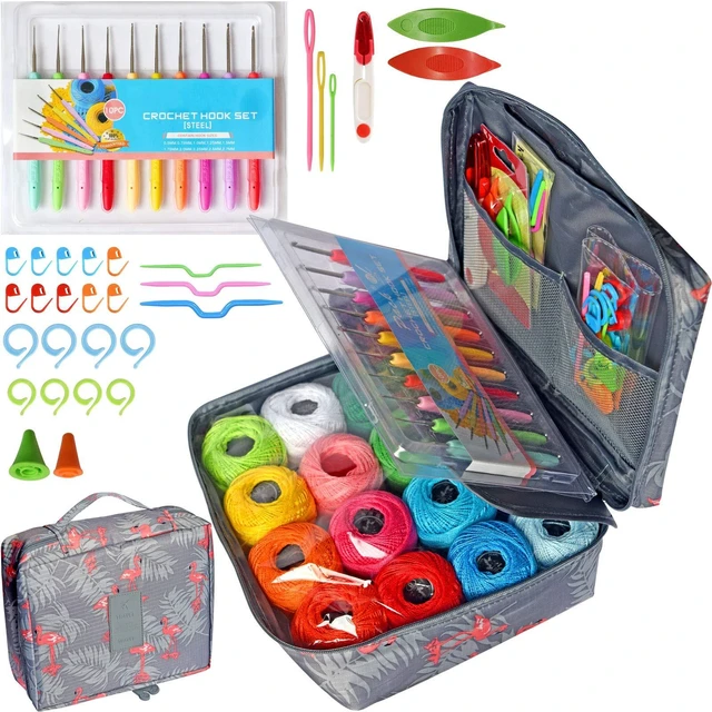 Main image of 16 Colors Crochet Thread Craft Yarn Knitting kit and Crochet kit | Includes Crochet Hooks, Weaving Needles, Locking Stitch Markers All Tool Need Perfect Beginner Kit