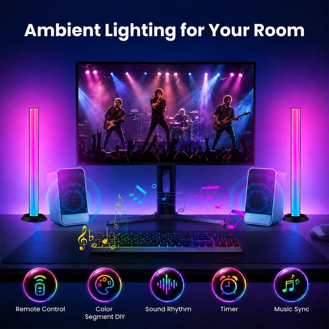 Alt view image 6 of 7 - Smart Wi-Fi Light Bar, Compatible with Alexa&Google Assistant, Gaming Desk Lights with Music Sync&Scene Modes, RGB TV Light Bar, Mood Lighting for Game, PC, Monitor (2.4GHz WiFi only)