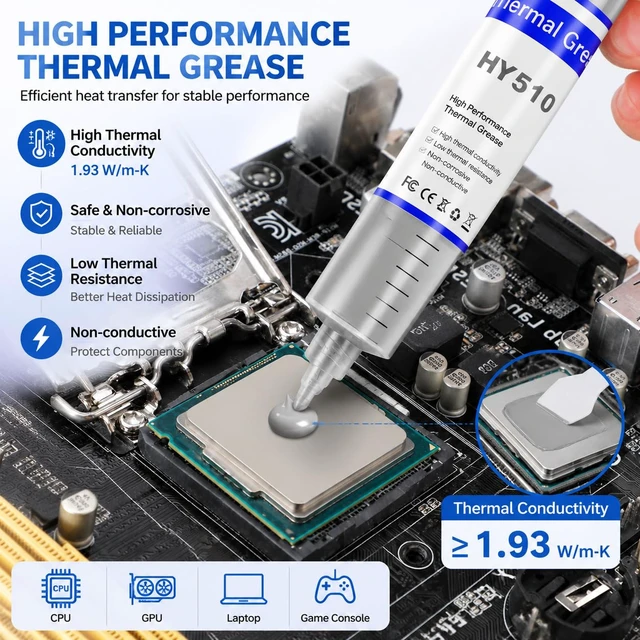 Alt view image 3 of 7 - HY-510-100g (25g*4) Thermal Conductivity: >1.93W/m-k CPU Thermal heatsink Paste Silicone Grease Compound Non-Conductive for pc CPU gpu PS4 ...100 Gram