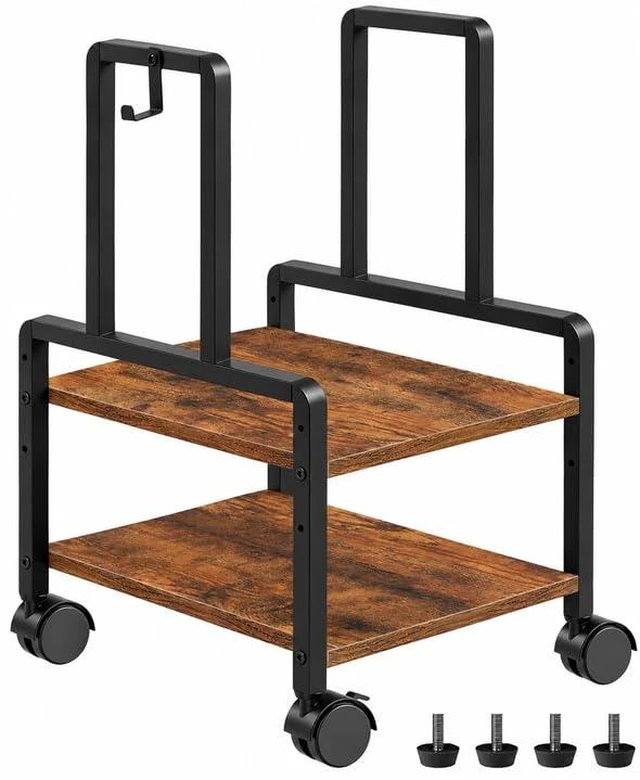 Main image of Adjustable 2-Tier PC Stand, Computer Tower Stand with 360° Locking Wheels & Hooks, CPU Cart for Floor, Carpet and Under Desk, 15.2" x 11.8" x 26", Rustic Brown