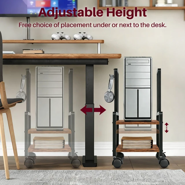 Alt view image 2 of 7 - Adjustable 2-Tier PC Stand, Computer Tower Stand with 360° Locking Wheels & Hooks, CPU Cart for Floor, Carpet and Under Desk, 15.2" x 11.8" x 26", Rustic Brown