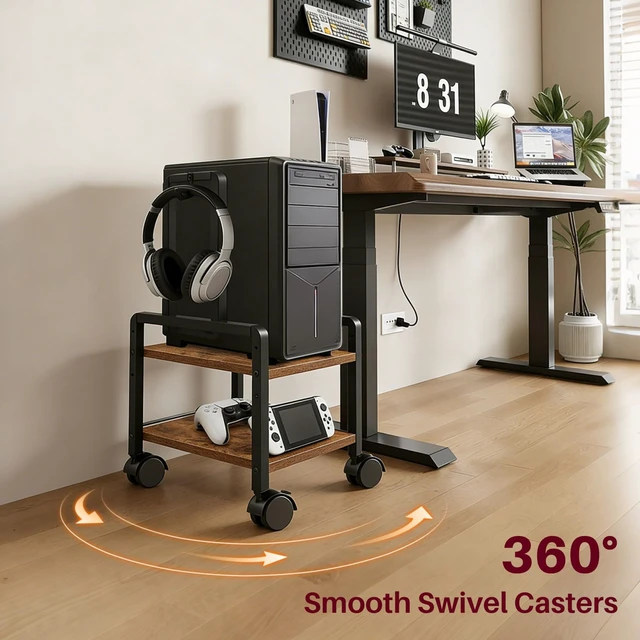 Alt view image 3 of 7 - Adjustable 2-Tier PC Stand, Computer Tower Stand with 360° Locking Wheels & Hooks, CPU Cart for Floor, Carpet and Under Desk, 15.2" x 11.8" x 26", Rustic Brown