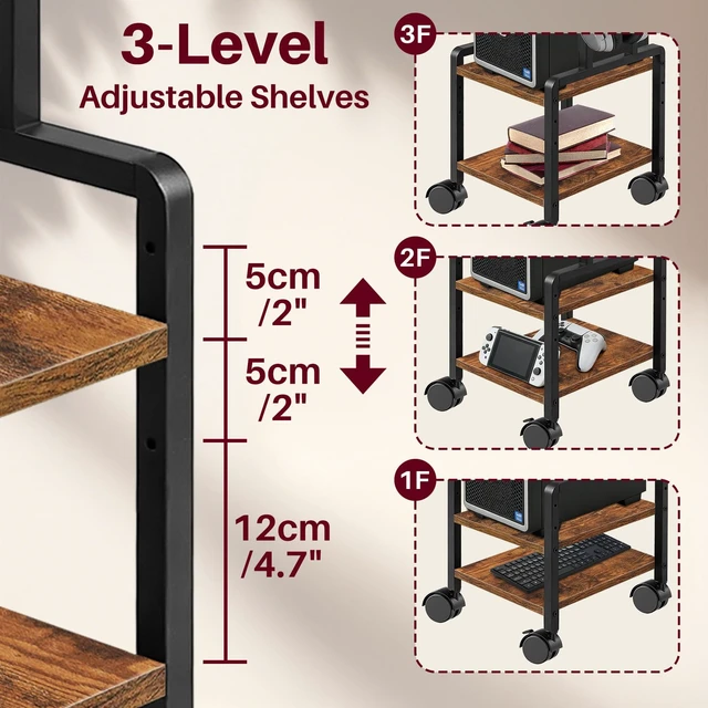 Alt view image 5 of 7 - Adjustable 2-Tier PC Stand, Computer Tower Stand with 360° Locking Wheels & Hooks, CPU Cart for Floor, Carpet and Under Desk, 15.2" x 11.8" x 26", Rustic Brown