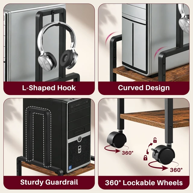 Alt view image 6 of 7 - Adjustable 2-Tier PC Stand, Computer Tower Stand with 360° Locking Wheels & Hooks, CPU Cart for Floor, Carpet and Under Desk, 15.2" x 11.8" x 26", Rustic Brown