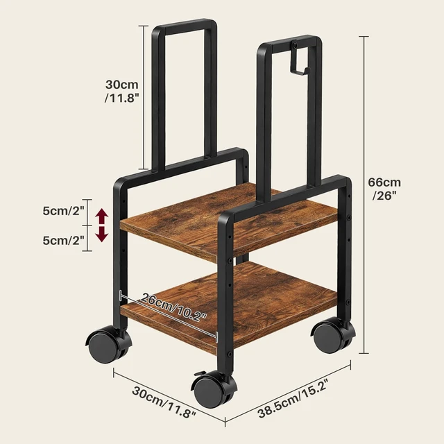 Alt view image 7 of 7 - Adjustable 2-Tier PC Stand, Computer Tower Stand with 360° Locking Wheels & Hooks, CPU Cart for Floor, Carpet and Under Desk, 15.2" x 11.8" x 26", Rustic Brown