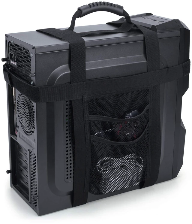 Main image of PC Tower Strap with Rubber Handle Desktop Carrying Case Belt | Computer Travel Holder with Pockets for Cable, Mouse, Ideal for Transporting On The Go - Patented Design