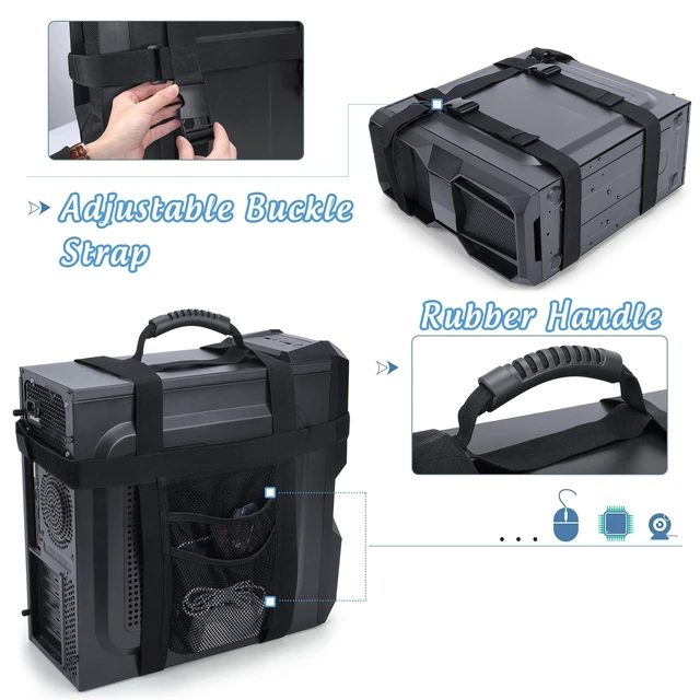 Alt view image 4 of 7 - PC Tower Strap with Rubber Handle Desktop Carrying Case Belt | Computer Travel Holder with Pockets for Cable, Mouse, Ideal for Transporting On The Go - Patented Design