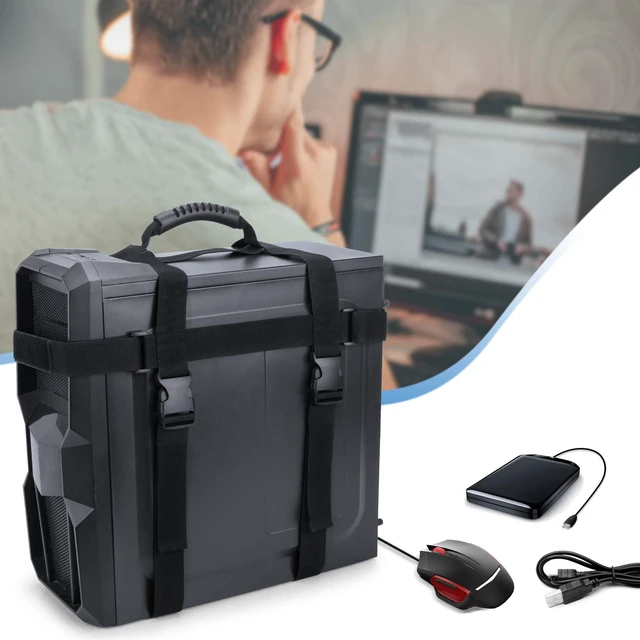 Alt view image 6 of 7 - PC Tower Strap with Rubber Handle Desktop Carrying Case Belt | Computer Travel Holder with Pockets for Cable, Mouse, Ideal for Transporting On The Go - Patented Design