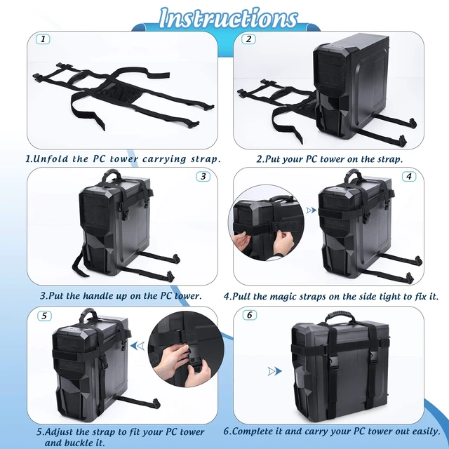 Alt view image 7 of 7 - PC Tower Strap with Rubber Handle Desktop Carrying Case Belt | Computer Travel Holder with Pockets for Cable, Mouse, Ideal for Transporting On The Go - Patented Design