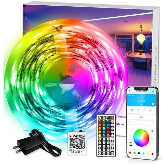 Main image of LED Strip Lights 110ft, RGB Music Sync Smart App Control 1 Roll | Bluetooth color changing, 44-key remote, timer memory, cuttable, strong adhesive for bedroom, kitchen, party