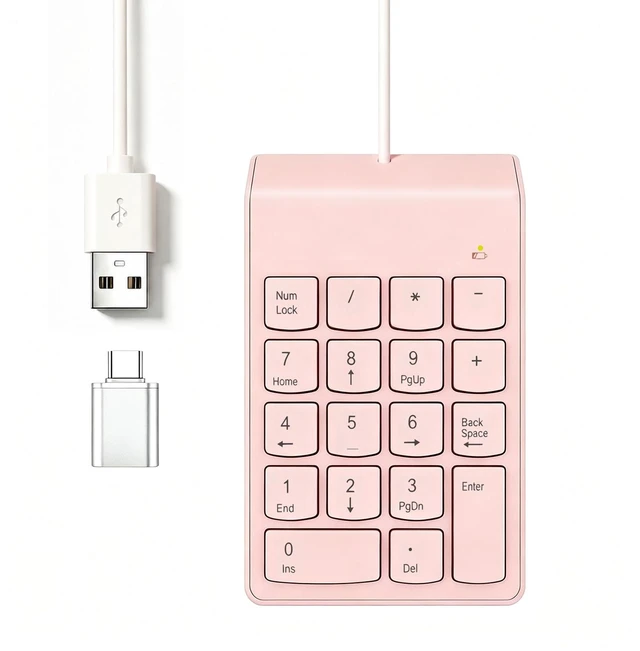 Main image of Wired Number Pad with USB to USB-C Adapter, Pink | Numeric Keypad 18 Keys, Portable Financial Number Keyboard, 10 Key USB Keypad for Laptop, Desktop, Surface Pro, Notebook