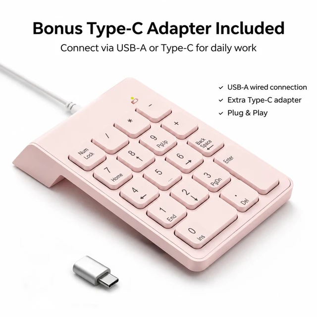 Alt view image 2 of 7 - Wired Number Pad with USB to USB-C Adapter, Pink | Numeric Keypad 18 Keys, Portable Financial Number Keyboard, 10 Key USB Keypad for Laptop, Desktop, Surface Pro, Notebook