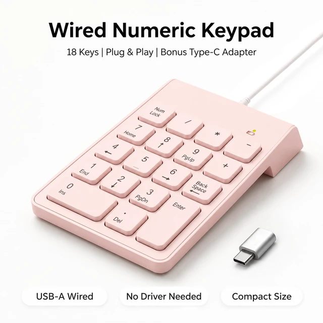 Alt view image 3 of 7 - Wired Number Pad with USB to USB-C Adapter, Pink | Numeric Keypad 18 Keys, Portable Financial Number Keyboard, 10 Key USB Keypad for Laptop, Desktop, Surface Pro, Notebook
