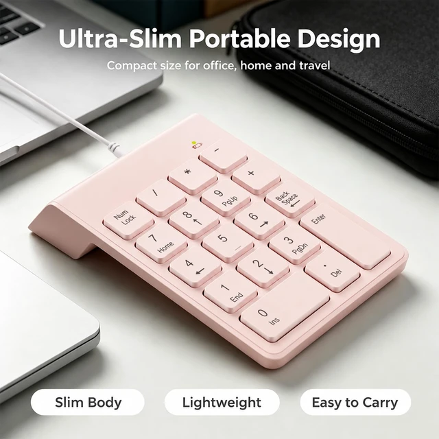 Alt view image 4 of 7 - Wired Number Pad with USB to USB-C Adapter, Pink | Numeric Keypad 18 Keys, Portable Financial Number Keyboard, 10 Key USB Keypad for Laptop, Desktop, Surface Pro, Notebook