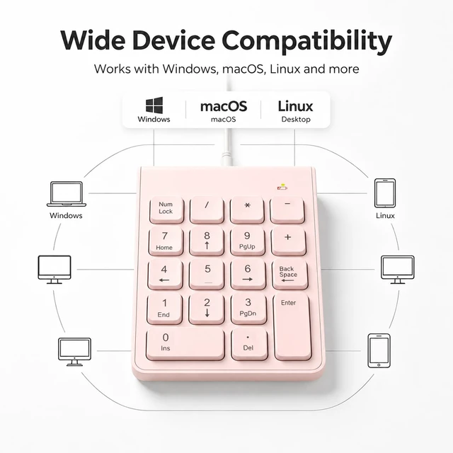 Alt view image 6 of 7 - Wired Number Pad with USB to USB-C Adapter, Pink | Numeric Keypad 18 Keys, Portable Financial Number Keyboard, 10 Key USB Keypad for Laptop, Desktop, Surface Pro, Notebook