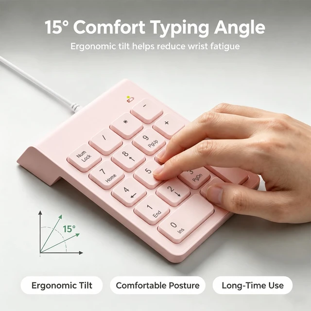 Alt view image 7 of 7 - Wired Number Pad with USB to USB-C Adapter, Pink | Numeric Keypad 18 Keys, Portable Financial Number Keyboard, 10 Key USB Keypad for Laptop, Desktop, Surface Pro, Notebook