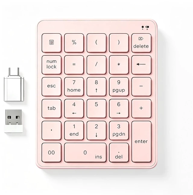 Main image of Wireless Number Pad with USB to USB-C Adapter, Numeric Keypad Numpad 28 Keys Portable 2.4 GHz Accounting Number Keyboard, 10 Key USB Keypad for Laptop, PC, Desktop, Surface Pro, Notebook - Pink