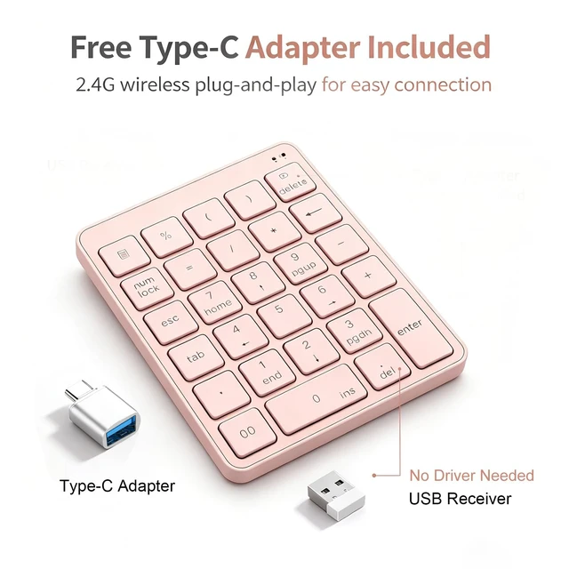 Alt view image 2 of 7 - Wireless Number Pad with USB to USB-C Adapter, Numeric Keypad Numpad 28 Keys Portable 2.4 GHz Accounting Number Keyboard, 10 Key USB Keypad for Laptop, PC, Desktop, Surface Pro, Notebook - Pink