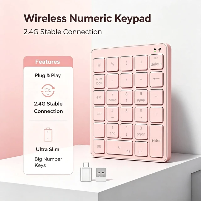 Alt view image 3 of 7 - Wireless Number Pad with USB to USB-C Adapter, Numeric Keypad Numpad 28 Keys Portable 2.4 GHz Accounting Number Keyboard, 10 Key USB Keypad for Laptop, PC, Desktop, Surface Pro, Notebook - Pink