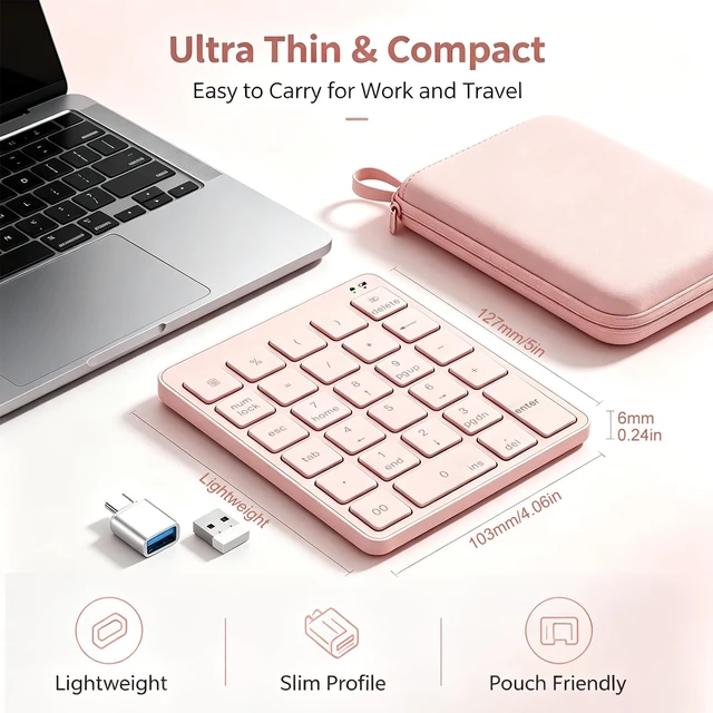Alt view image 4 of 7 - Wireless Number Pad with USB to USB-C Adapter, Numeric Keypad Numpad 28 Keys Portable 2.4 GHz Accounting Number Keyboard, 10 Key USB Keypad for Laptop, PC, Desktop, Surface Pro, Notebook - Pink