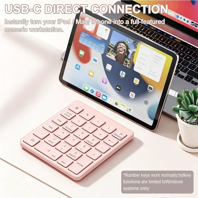Alt view image 5 of 7 - Wireless Number Pad with USB to USB-C Adapter, Numeric Keypad Numpad 28 Keys Portable 2.4 GHz Accounting Number Keyboard, 10 Key USB Keypad for Laptop, PC, Desktop, Surface Pro, Notebook - Pink