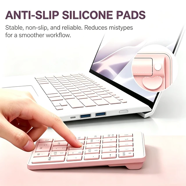 Alt view image 6 of 7 - Wireless Number Pad with USB to USB-C Adapter, Numeric Keypad Numpad 28 Keys Portable 2.4 GHz Accounting Number Keyboard, 10 Key USB Keypad for Laptop, PC, Desktop, Surface Pro, Notebook - Pink