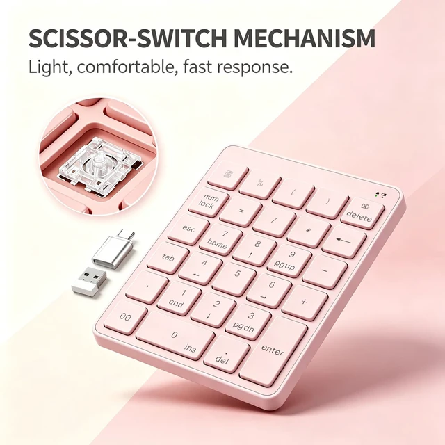 Alt view image 7 of 7 - Wireless Number Pad with USB to USB-C Adapter, Numeric Keypad Numpad 28 Keys Portable 2.4 GHz Accounting Number Keyboard, 10 Key USB Keypad for Laptop, PC, Desktop, Surface Pro, Notebook - Pink