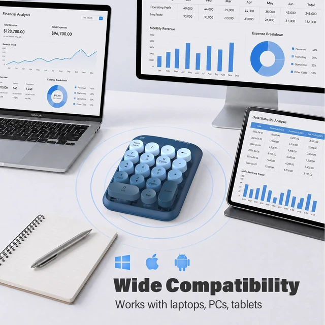 Alt view image 3 of 7 - Wireless Number Pads, Colorful 2.4G Wireless 18 Keys Numeric Keypad Portable 10 Key Numpad for Financial Accounting, Laptop, PC, Computer, Notebook- Blue
