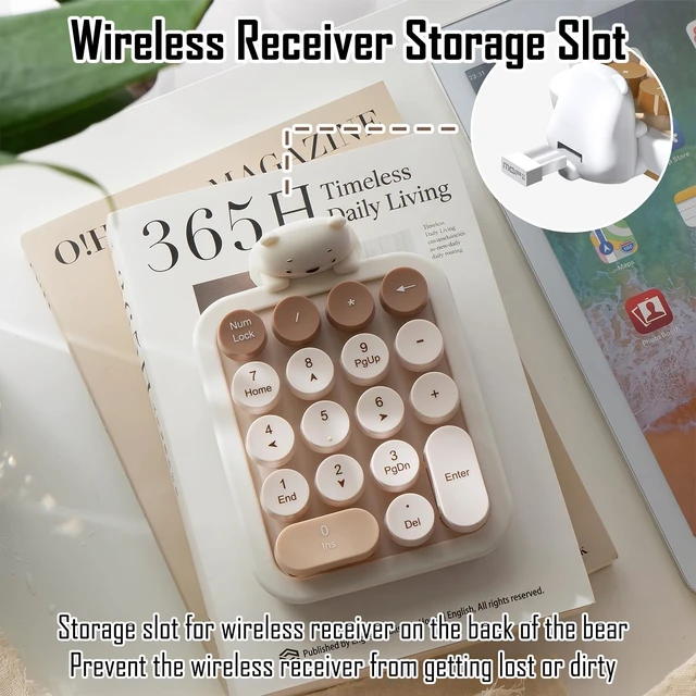 Alt view image 5 of 7 - Wireless Number Keypad with Cute Silicone Bear, 18 Colorful Round Keys Numpad, 2.4G USB Wireless Connection, Portable Financial Accounting Numeric Keyboard, Suitable for PC, Laptop (MilkTea)