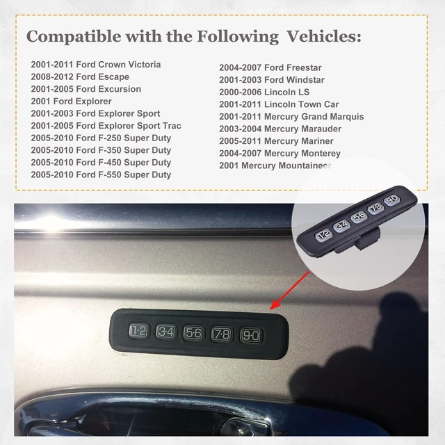 Alt view image 6 of 6 - 8L8Z-14A626-AA Keyless Entry Keypad Driver Side Lock Pad | Fit for 2001-2012 Ford Escape, F250/F350/F450/F550 Super Duty, Lincoln LS, Mercury Mariner, Replaces 7L8Z-14A626-AA