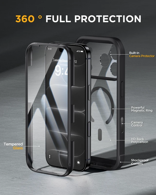 Alt view image 4 of 7 - Magnetic for iPhone 18 Pro Case 6.3", Full Body Protection, Black | Built-in Glass Screen & Full Camera Protector,Compatible with MagSafe,Military Drop Protection Phone Case with Camera Control